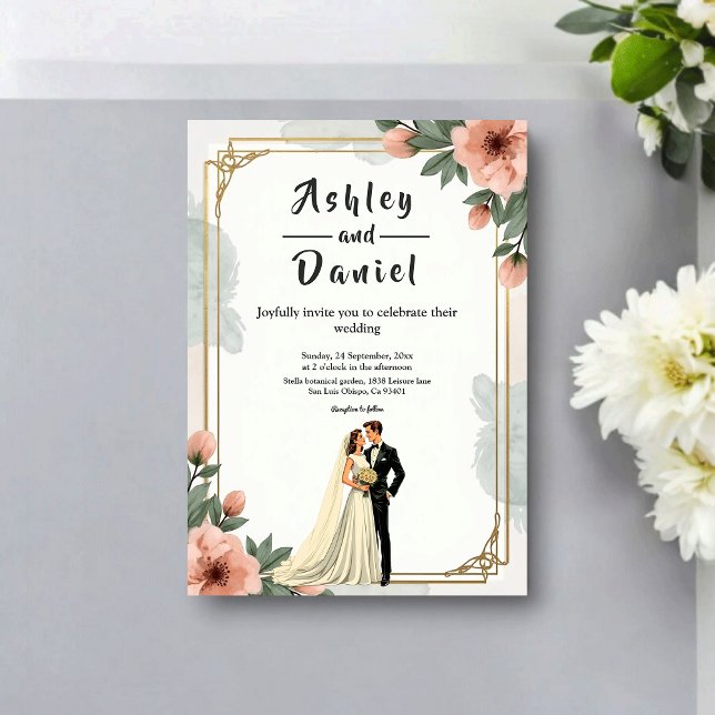 Elegant Chic Floral Frame Bride And Groom Wedding Invitation (Creator Uploaded)