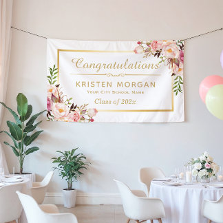 Elegant Chic Floral Gold Frame Graduation Party Banner
