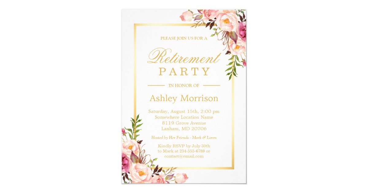 Elegant Chic Floral Gold Frame Retirement Party Invitation Zazzle Com
