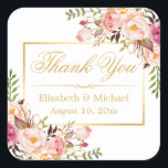 Elegant Chic Floral Gold Frame Thank You Square Sticker<br><div class="desc">Elegant Chic Floral Gold Frame Thank You Sticker. 
(1) For further customization,  please click the "customize further" link and use our design tool to modify this template. 
(2) If you need help or matching items,  please contact me.</div>