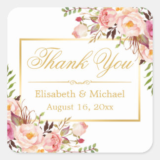 Elegant Chic Floral Gold Frame Thank You Square Sticker