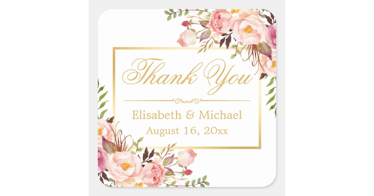 Elegant Chic Floral Gold Frame Thank You Square Sticker | Zazzle