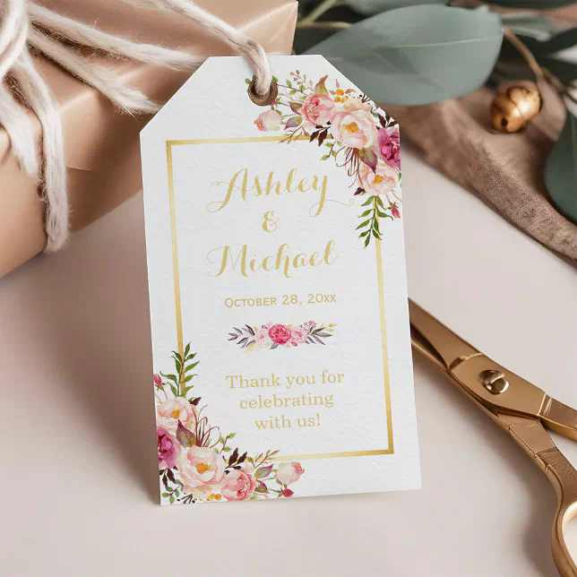 Elegant Chic Floral Gold Wedding Thank You Gift Tags | Zazzle