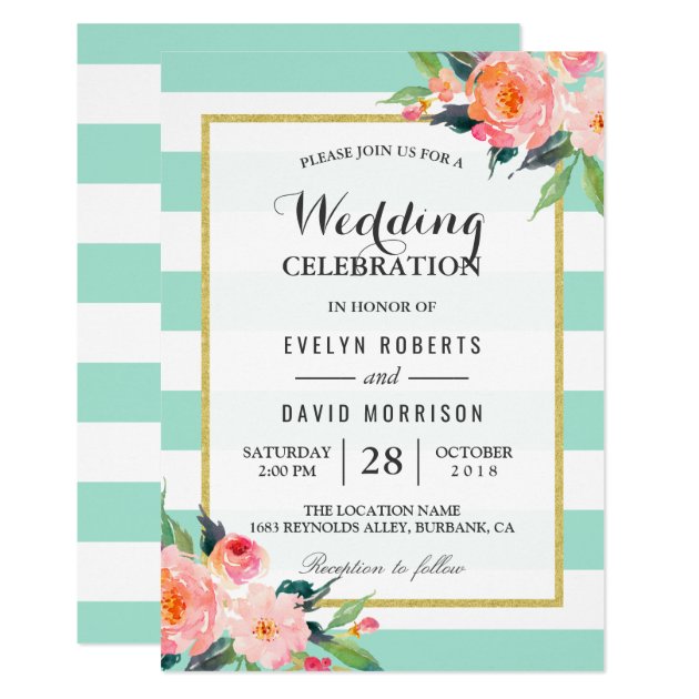 Elegant Chic Floral Mint Green Wedding Celebration Invitation