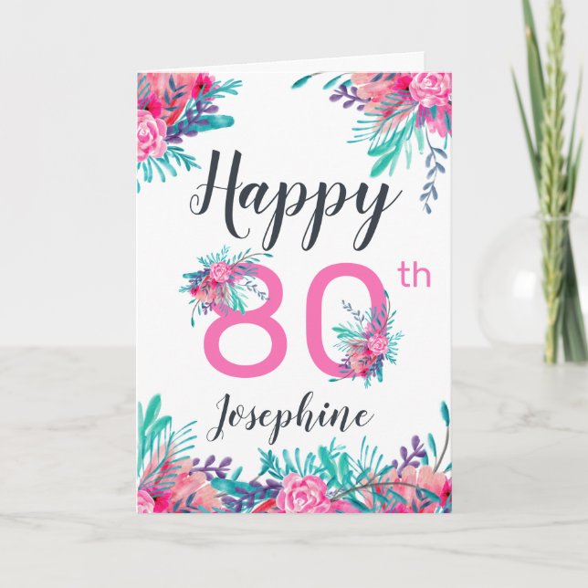 Elegant chic floral number 80th happy birthday card (Front)