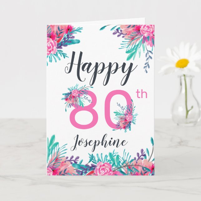 Elegant chic floral number 80th happy birthday card | Zazzle