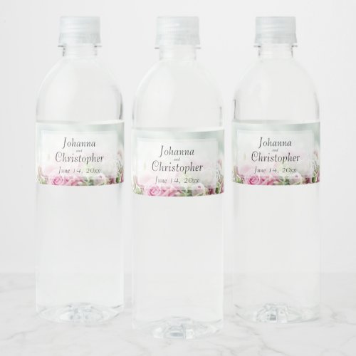 Elegant Chic Floral Pink Roses Peony Buds Wedding Water Bottle Label