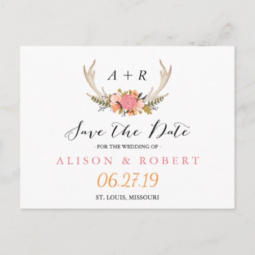 Elegant Chic Floral White Antler Save the Date Announcement Postcard