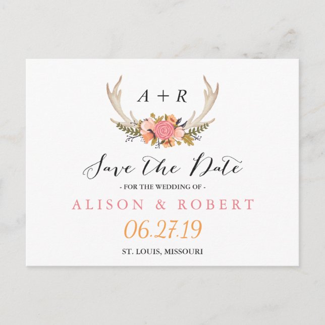 Elegant Chic Floral White Antler Save the Date Announcement Postcard (Front)