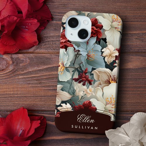 Elegant Chic Floral with Custom NameMonogram iPhone 15 Case
