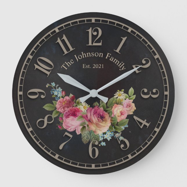 Elegant Chic Flowers Customizable Names Clock (Front)