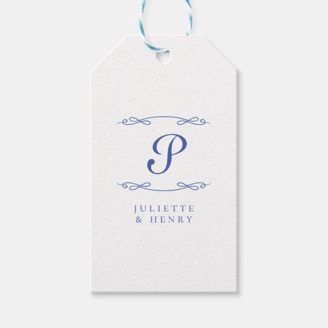 Elegant Chic French Blue Initial Wedding Gift Tags (Front)