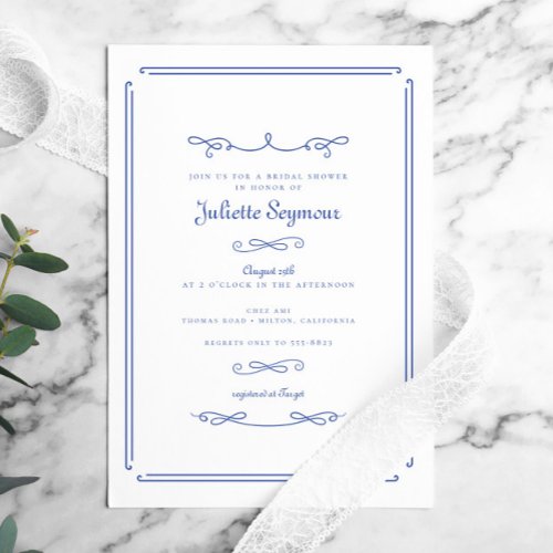 Elegant Chic French Blue Vintage Bridal Shower Invitation