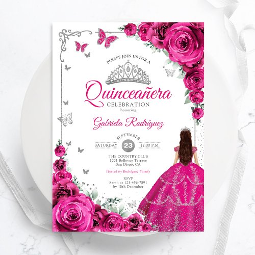 Elegant Chic Fuchsia Pink Roses Floral Quinceanera Invitation