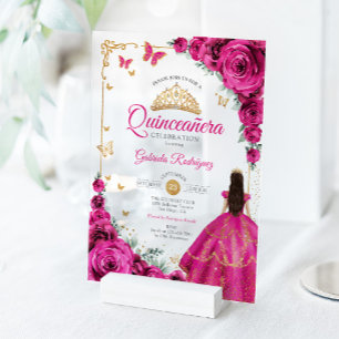 Elegant Chic Fuchsia Pink Roses Gold Quinceanera  Acrylic Invitations