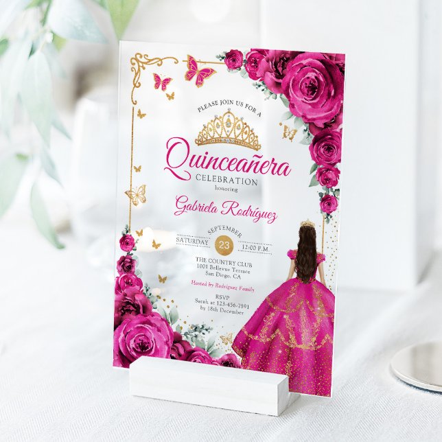 Elegant Chic Fuchsia Pink Roses Gold Quinceanera  Acrylic Invitations (Creator Uploaded)