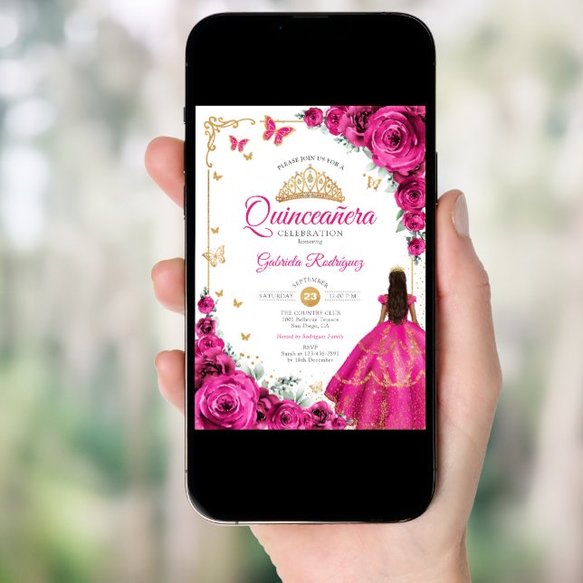 Elegant Chic Fuchsia Pink Roses Gold Quinceanera Invitation (Front Digital)