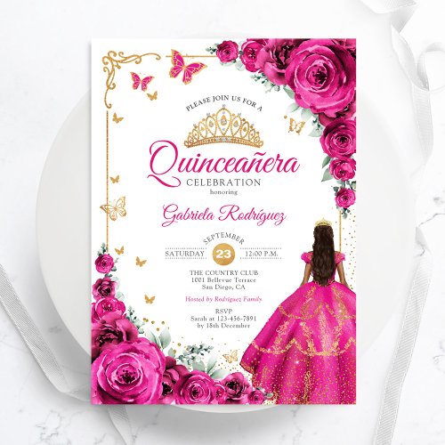 Elegant Chic Fuchsia Pink Roses Gold Quinceanera Invitation