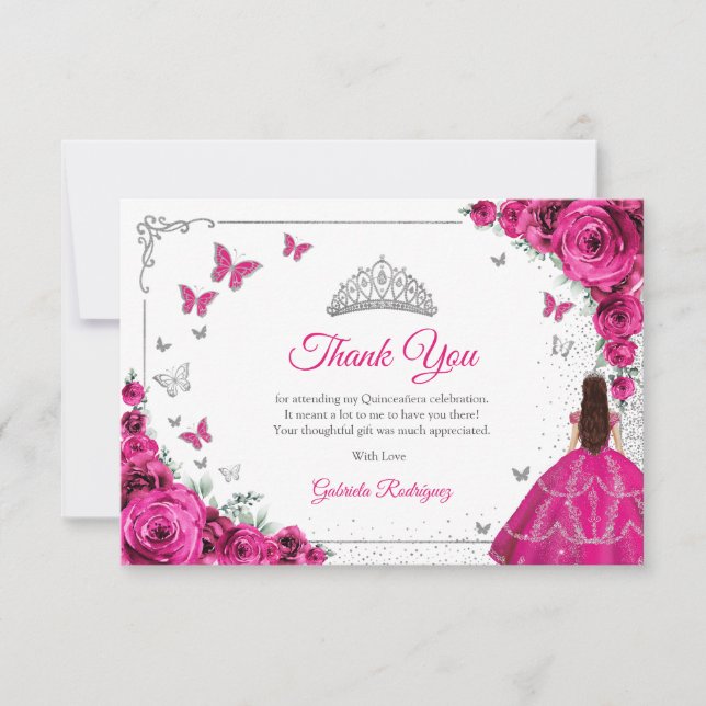 Elegant Chic Fuchsia Pink Roses Silver Quinceanera Thank You Card (Front)