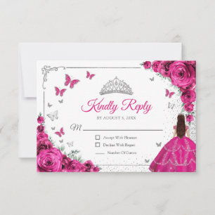 Elegant Chic Fuchsia Pink Silver Quinceanera Reply RSVP Card