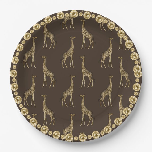 Elegant Chic Giraffe Stylish Gold Rhinestone Glam Paper Plates (Front)