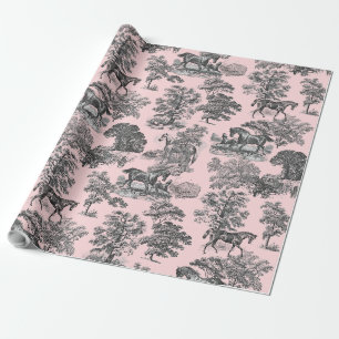 Elegant Chic Girly Black Pink Horse Toile Wrapping Paper