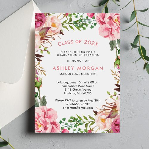 Girly Floral Chic Class of 2018 Graduation Party Card
