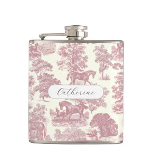 Elegant Chic Girly Pink Horses Toile Name Flask