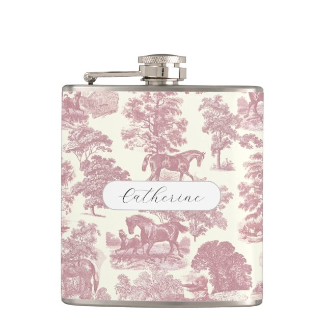Elegant Chic Girly Pink Horses Toile Name Flask (Front)