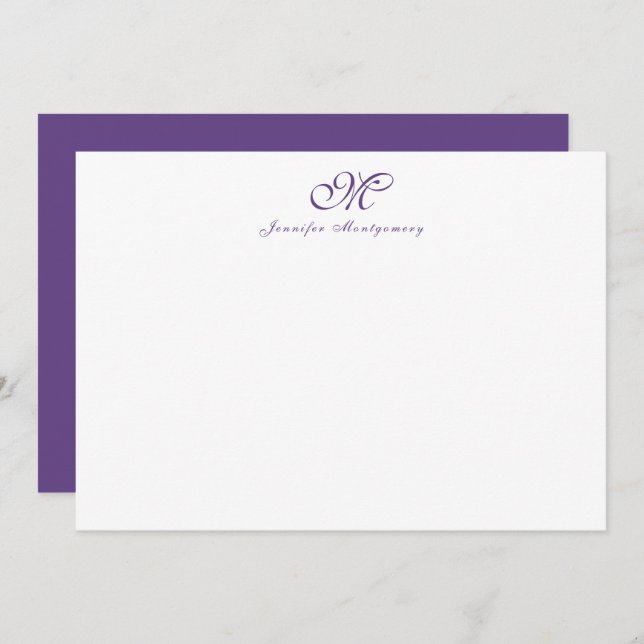 Elegant Chic Girly Script Monogram Purple Note Card (Front/Back)