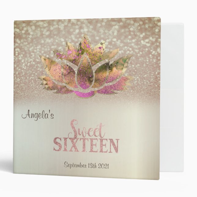 Elegant Chic Glitter Bokeh Lotus Sweet 16  3 Ring Binder (Front/Inside)