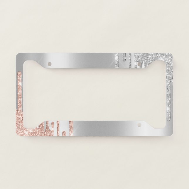 Elegant Chic Glitter Drips Monogram Silver License Plate Frame (Front)