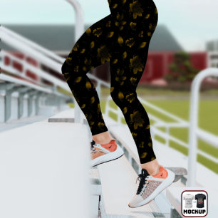 Elegant Chic Gold and Black Floral Botanical Leggings