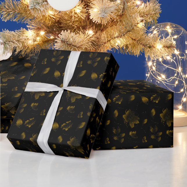 Elegant Chic Gold and Black Floral Botanical Wrapping Paper (Holidays)