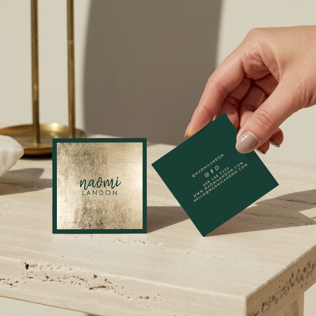 Elegant chic gold and dark green modern minimalist square business card (Elegant chic gold and dark green modern minimalist)