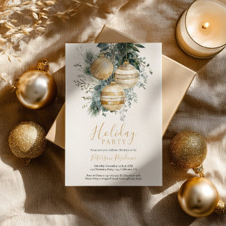 Elegant Chic Gold Baubles Greenery Christmas Party Invitation