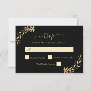 Elegant Chic Gold Black Eucalyptus Foliage Wedding RSVP Card