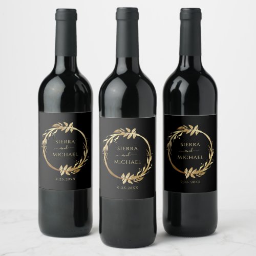 Elegant Chic Gold Black Eucalyptus Wreath Wedding Wine Label