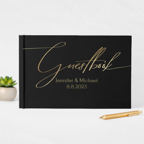 elegant chic gold black handwriting wedding  guest book