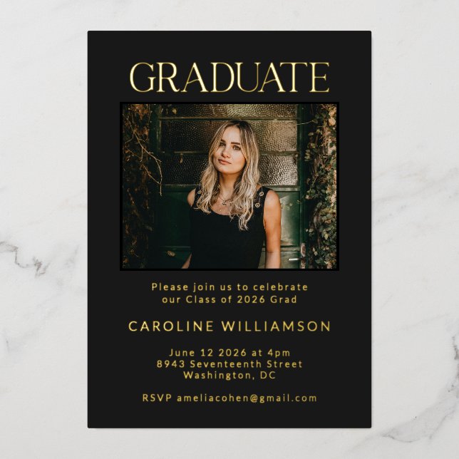 Elegant Chic Gold Black Two Photo Graduation Party Foil Invitation (Front)