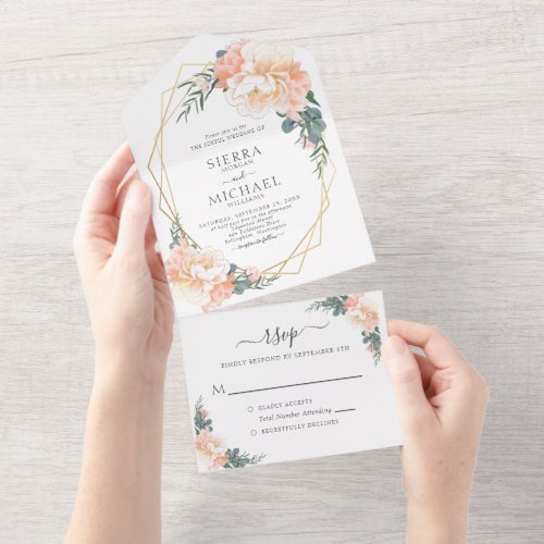 Elegant Chic Gold Blush Peach Cream Floral Wedding All In One Invitation