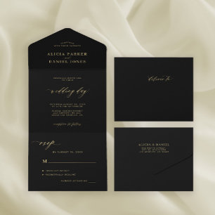 Elegant chic gold calligraphy black wedding all in one invitation