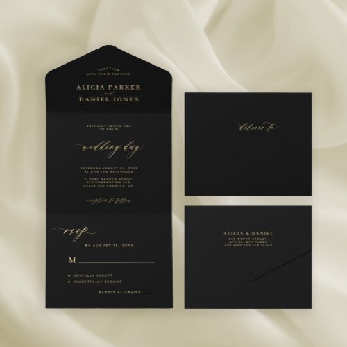 Elegant chic gold calligraphy black wedding all in one invitation