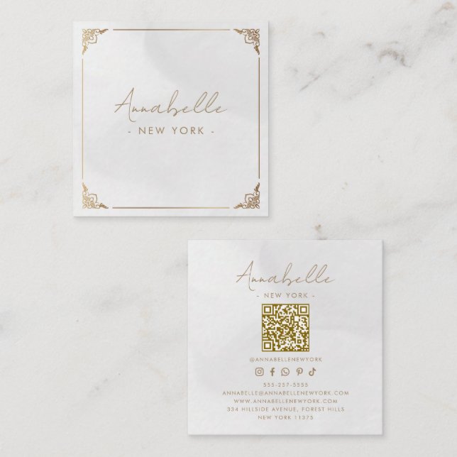 Elegant Chic Gold & Cream Ornate Frame QR Code Square Business Card (Front/Back)