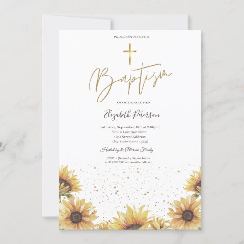 Elegant Chic Gold Cross Sunflowers Baptism  Invitation