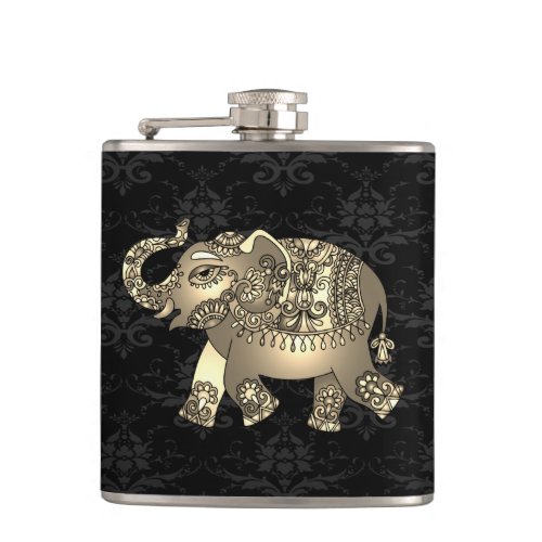 Elegant Chic Gold Elephant Floral Black Damask Flask