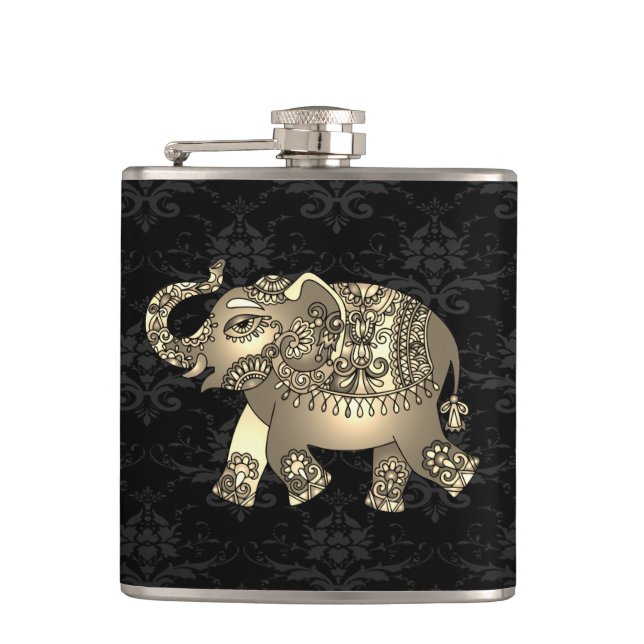 Elegant Chic Gold Elephant Floral, Black Damask Flask (Front)