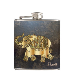 Elegant Chic Gold Elephant Floral, Leather Look Flask