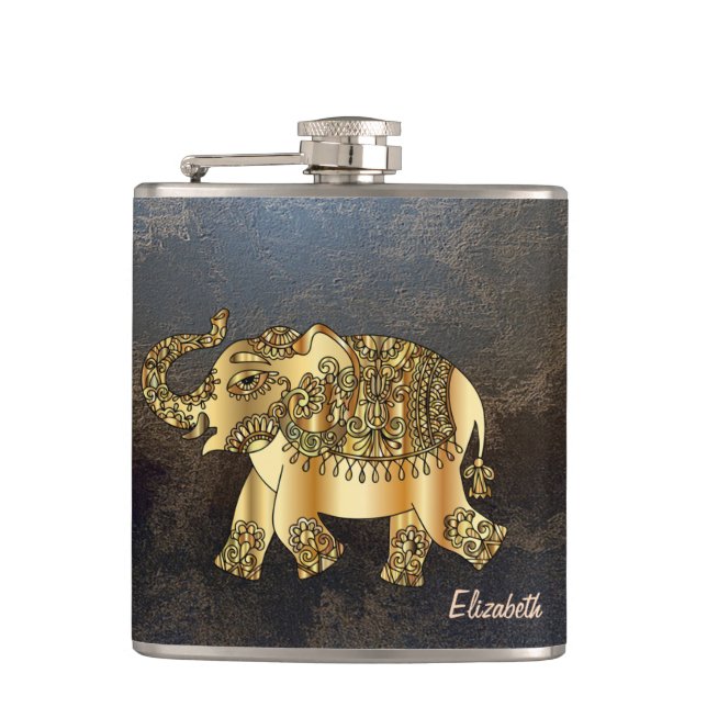 Elegant Chic Gold Elephant Floral, Leather Look Flask (Front)