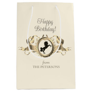 Elegant Chic Gold Equestrian Ribbon Crest Name Medium Gift Bag